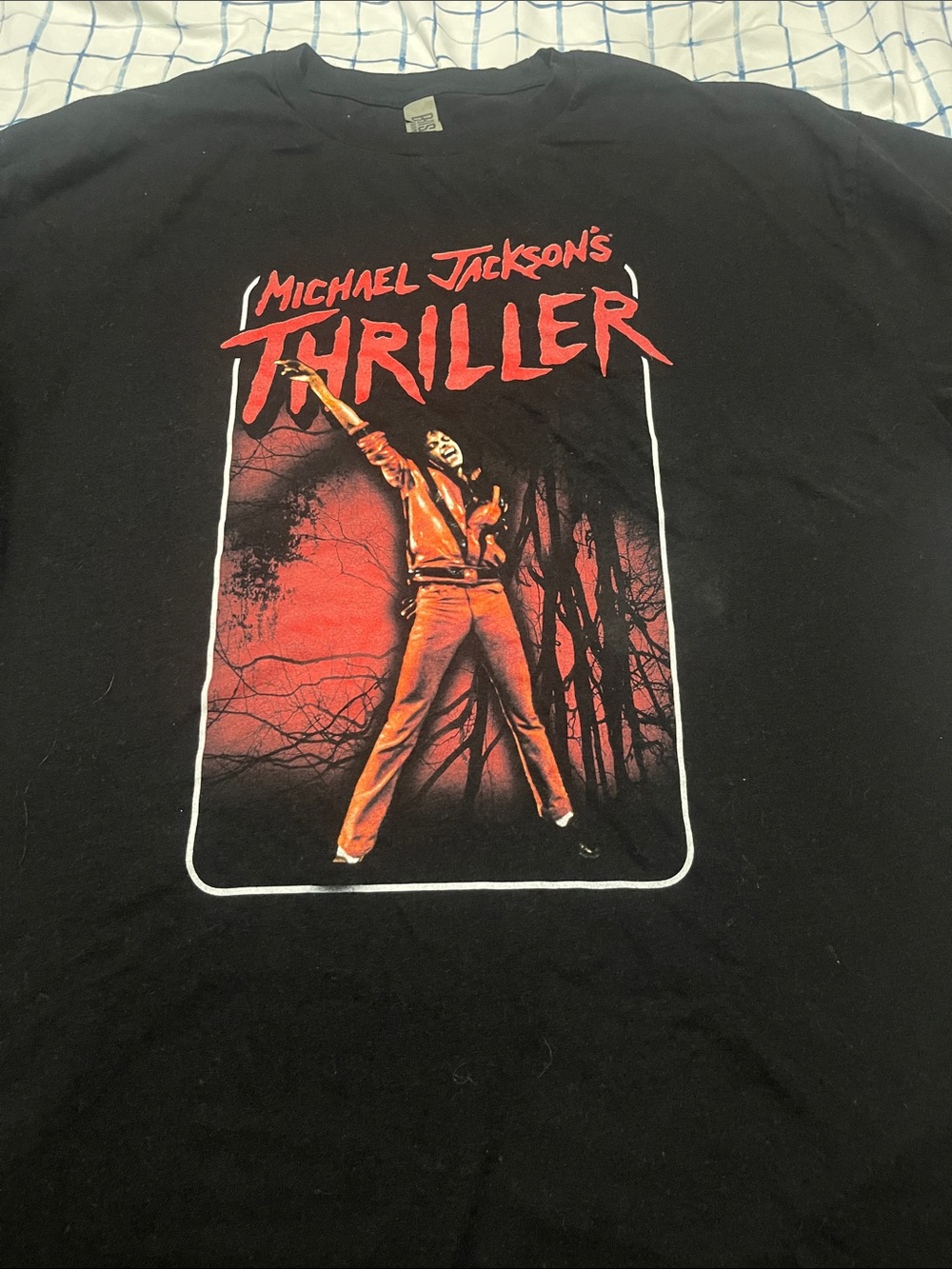 Black Thriller Graphic Tee with Red Print